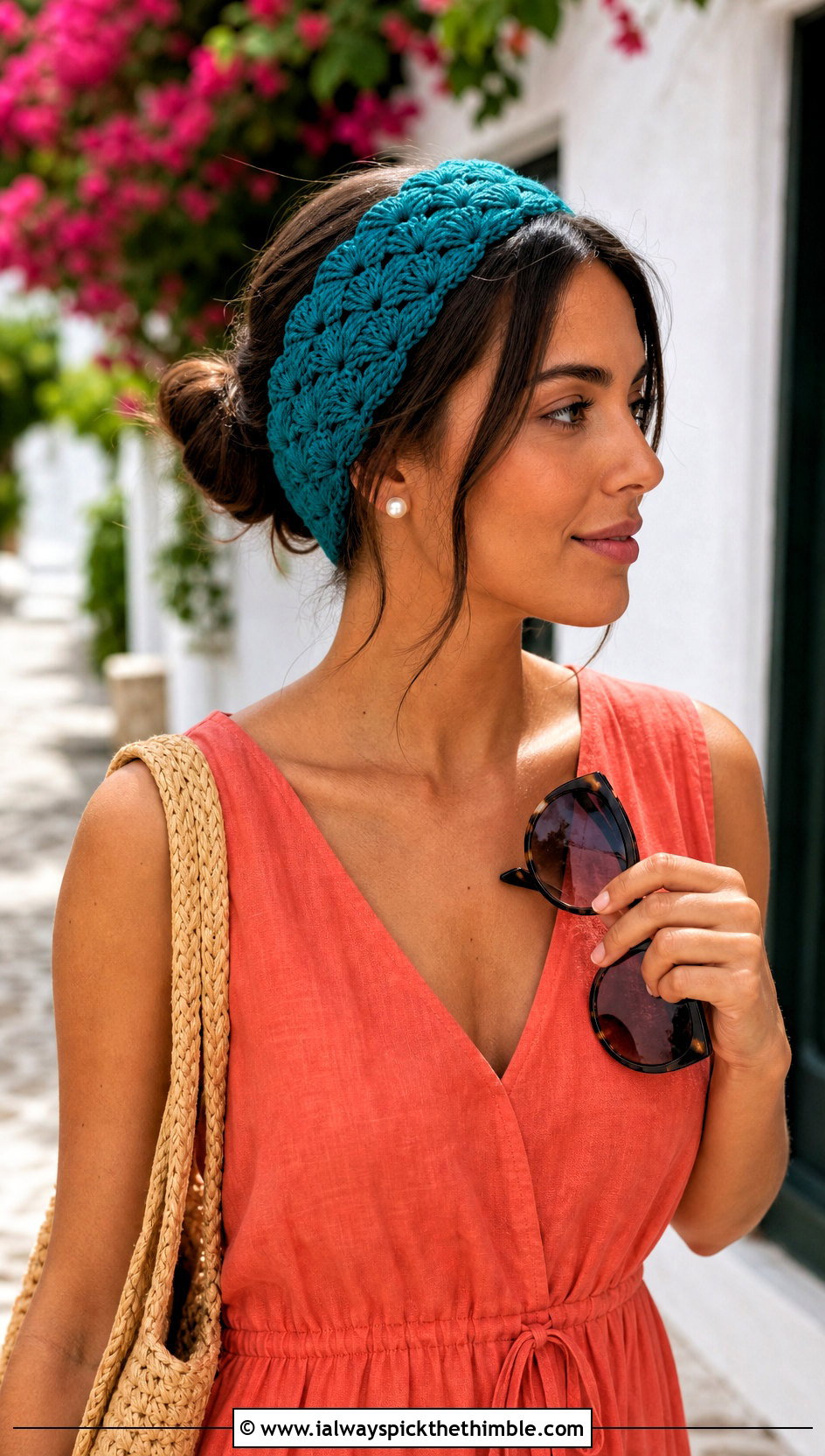 Shell Stitch Crochet Summer Headband With Linen Dress - 25 crochet summer headband outfit ideas