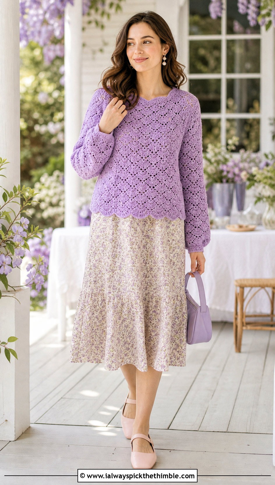 Shell Stitch Crochet Sweater With Floral Midi Dress - 25 crochet sweaters women outfit ideas
