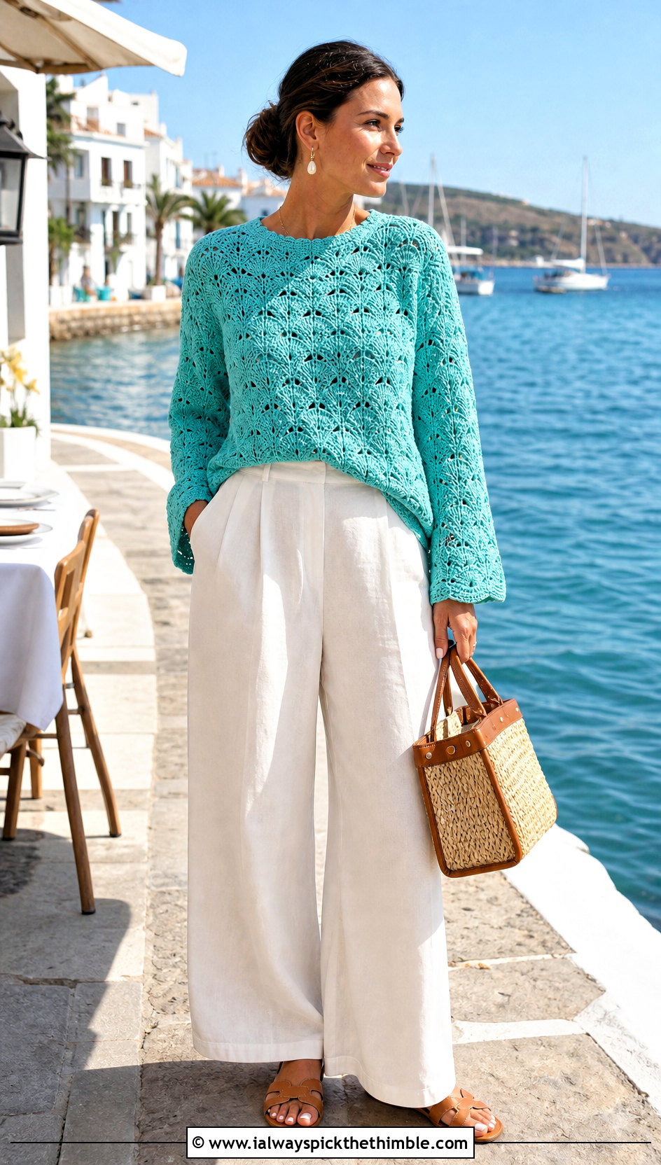 Shell Stitch Crochet Sweater With Linen Pants - 20 Crochet Textured Sweater outfit ideas
