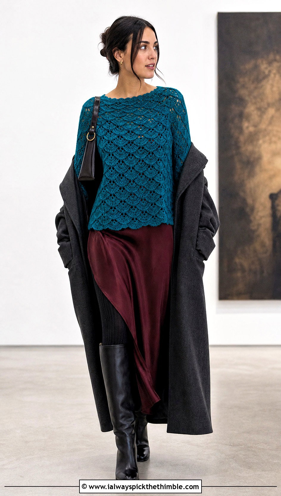 Shell Stitch Crochet Sweater With Slip Dress - 20 crochet winter sweater outfit ideas