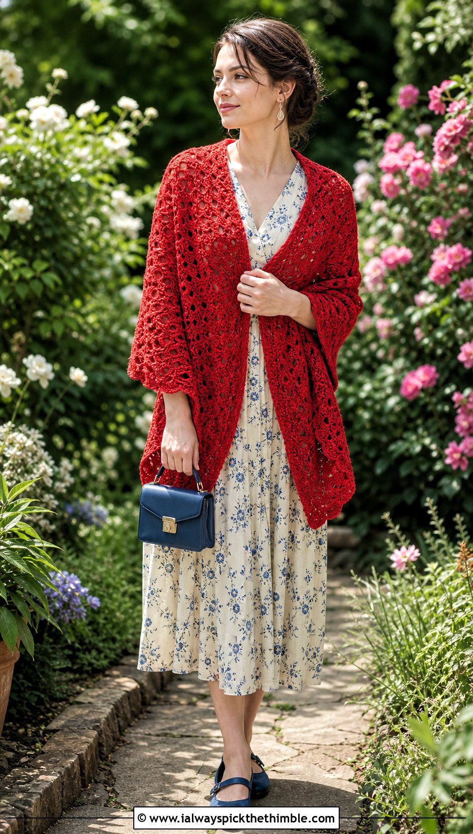 Shell Stitch Crochet Sweater Wrap With Floral Dress - 20 crochet sweater wrap outfit ideas
