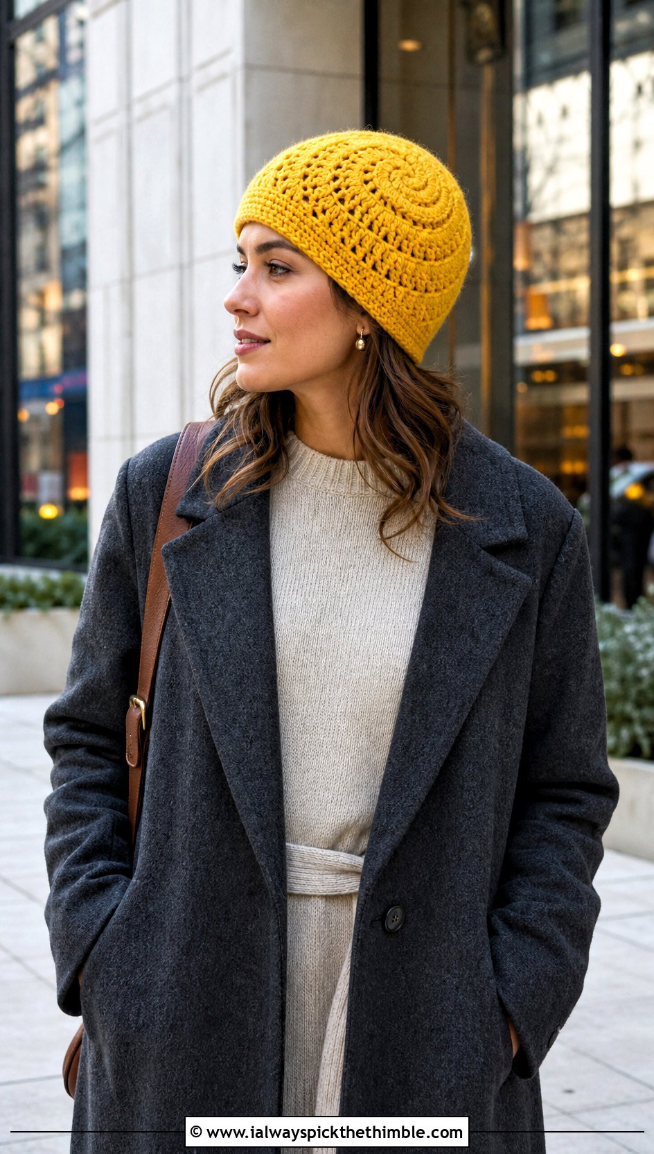 Shell Stitch Crochet Swirl Beanie With Wool Coat And Sweater Dress - 15 crochet swirl beanie outfit ideas