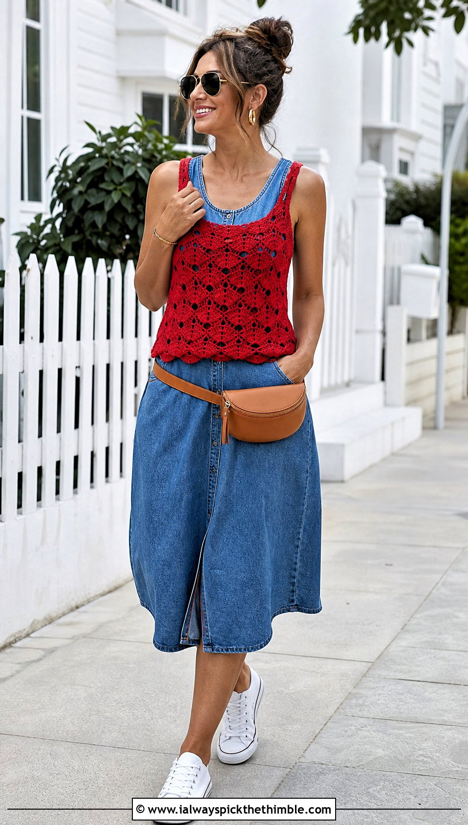 Shell Stitch Crochet Tank With Denim Dress - 20 Dresses With Crochet Top outfit ideas