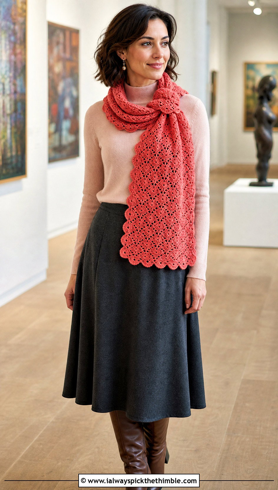 Shell Stitch Crochet Textured Scarf With Midi Skirt - 20 Crochet Textured Scarf outfit ideas