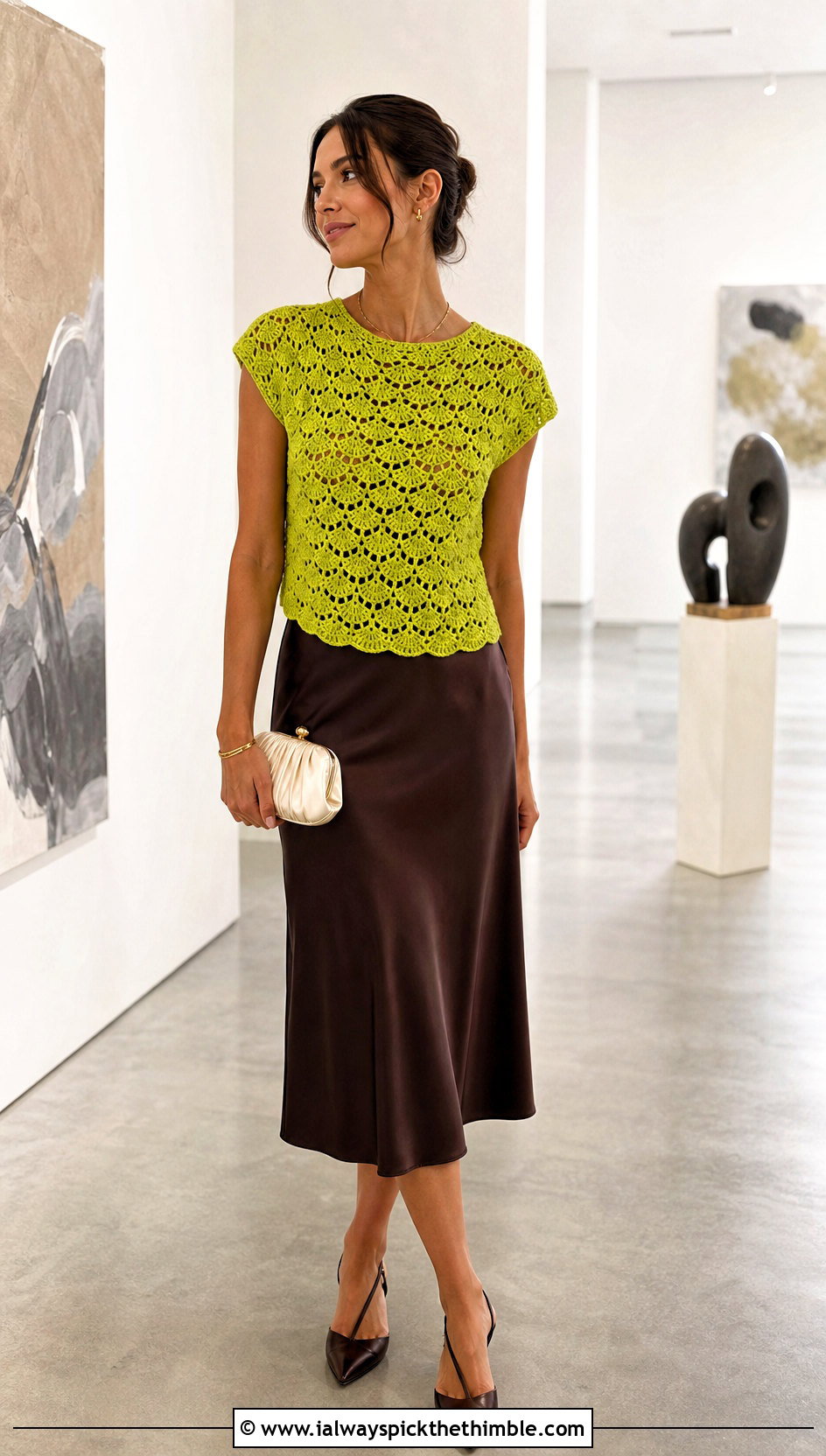 Shell Stitch Crochet Top With Satin Midi Skirt - 25 knitted crochet top outfit ideas