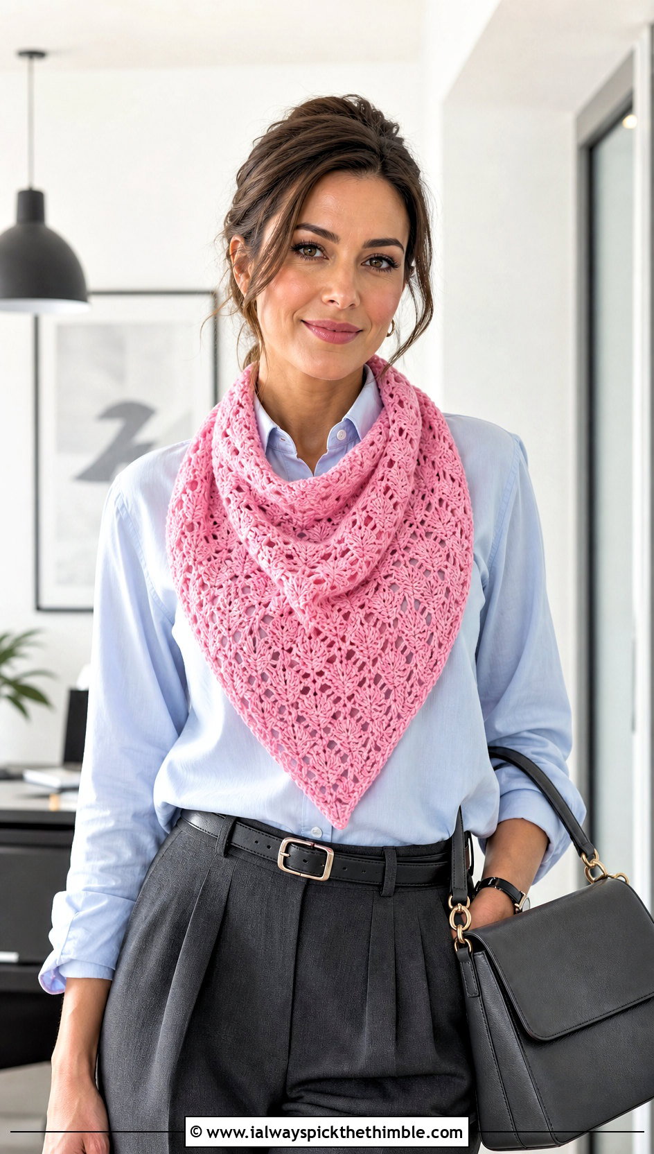 Shell Stitch Crochet Triangle Scarf With Button Down Shirt And Loafers - 25 crochet triangle scarf outfit ideas