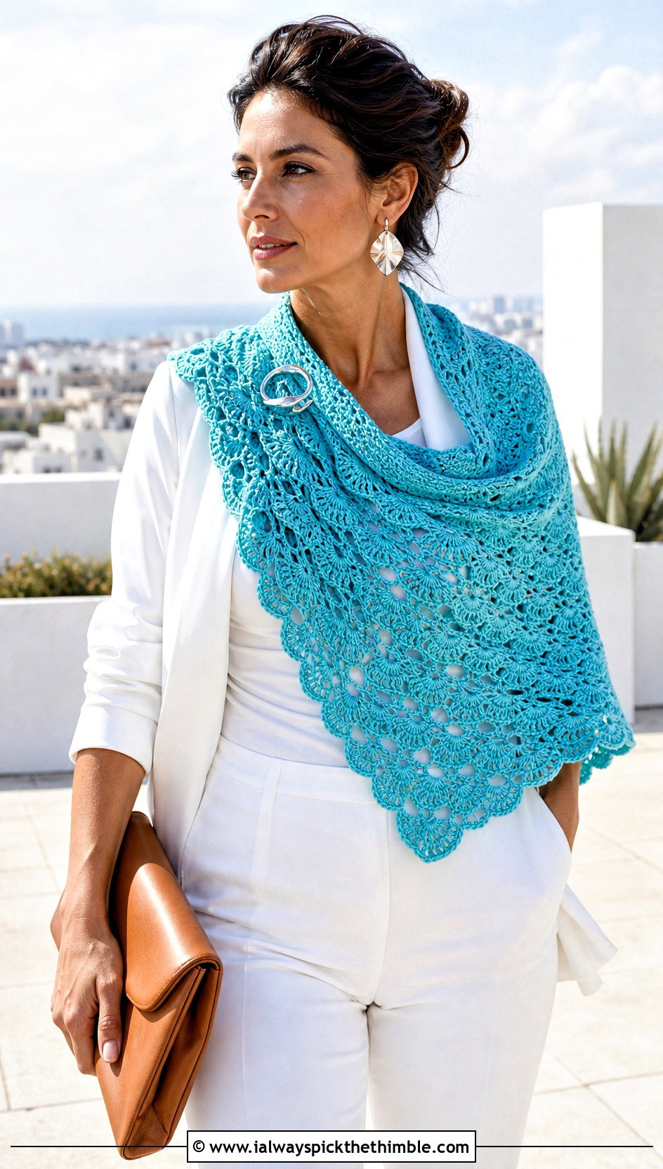 Shell Stitch Crochet Triangle Shawl With White Summer Suit - 25 crochet triangle shawl outfit ideas