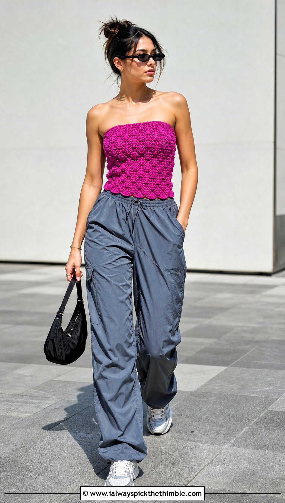 Shell Stitch Crochet Tube Top With Parachute Pants - 20 Easy Crochet Tube Top outfit ideas