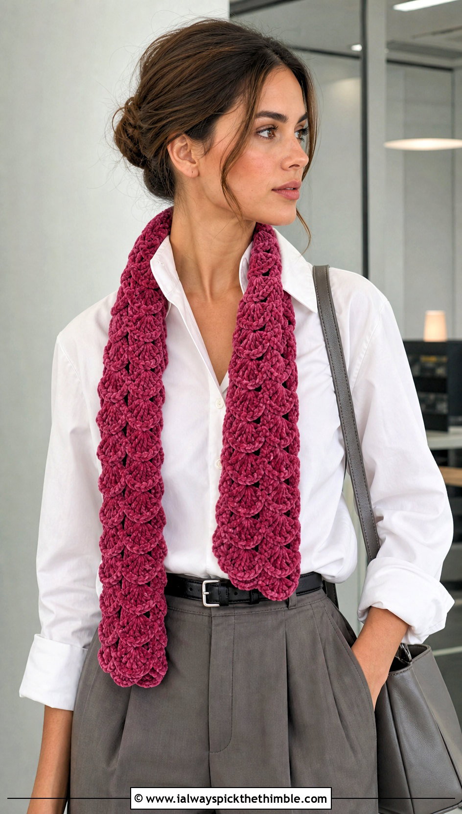 Shell Stitch Crochet Velvet Scarf With Pleated Trousers - 20 Crochet Velvet Scarf outfit ideas