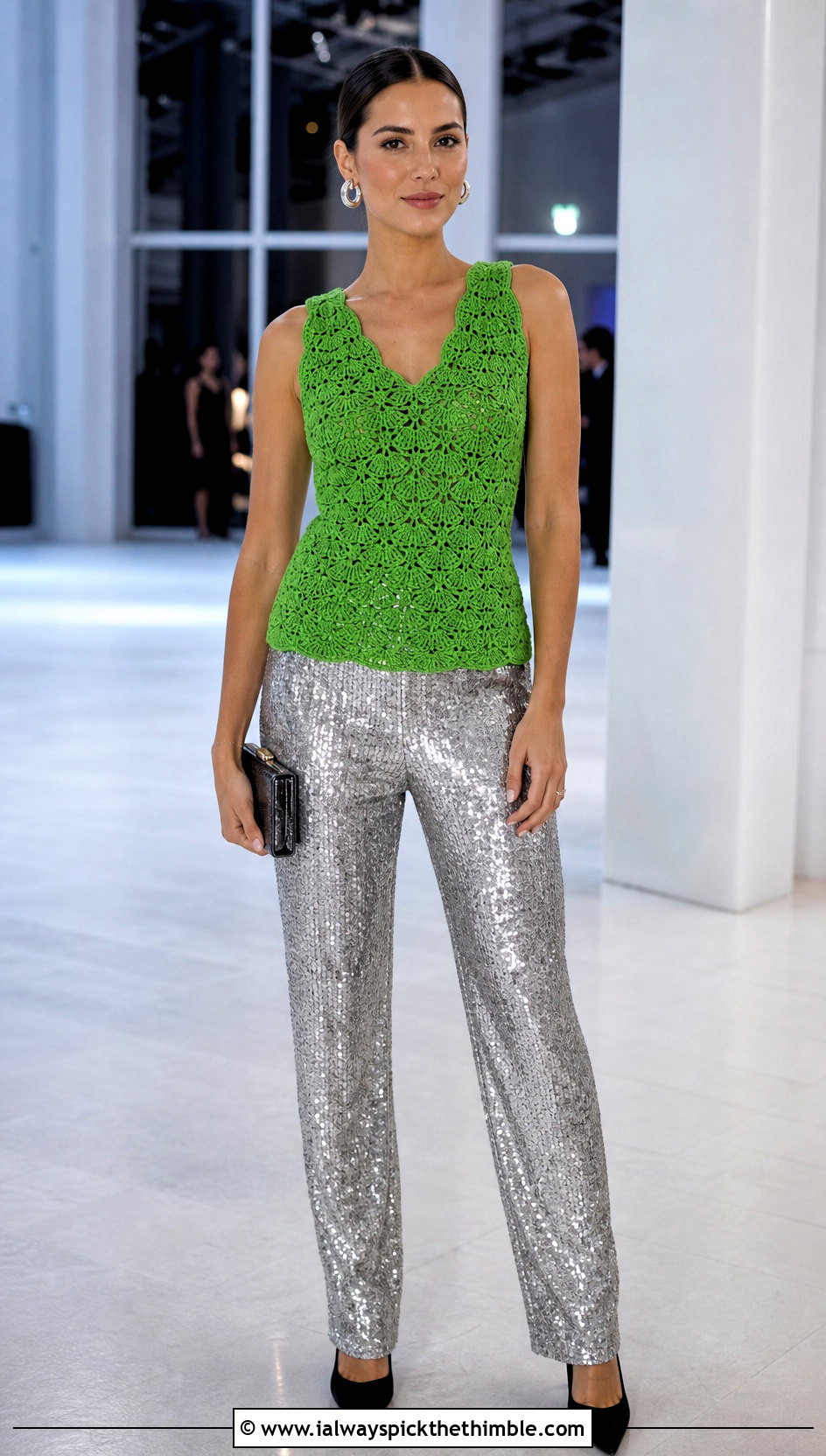 Shell Stitch Crochet Vest With Sequin Pants - 15 Crochet For Ladies Vests outfit ideas