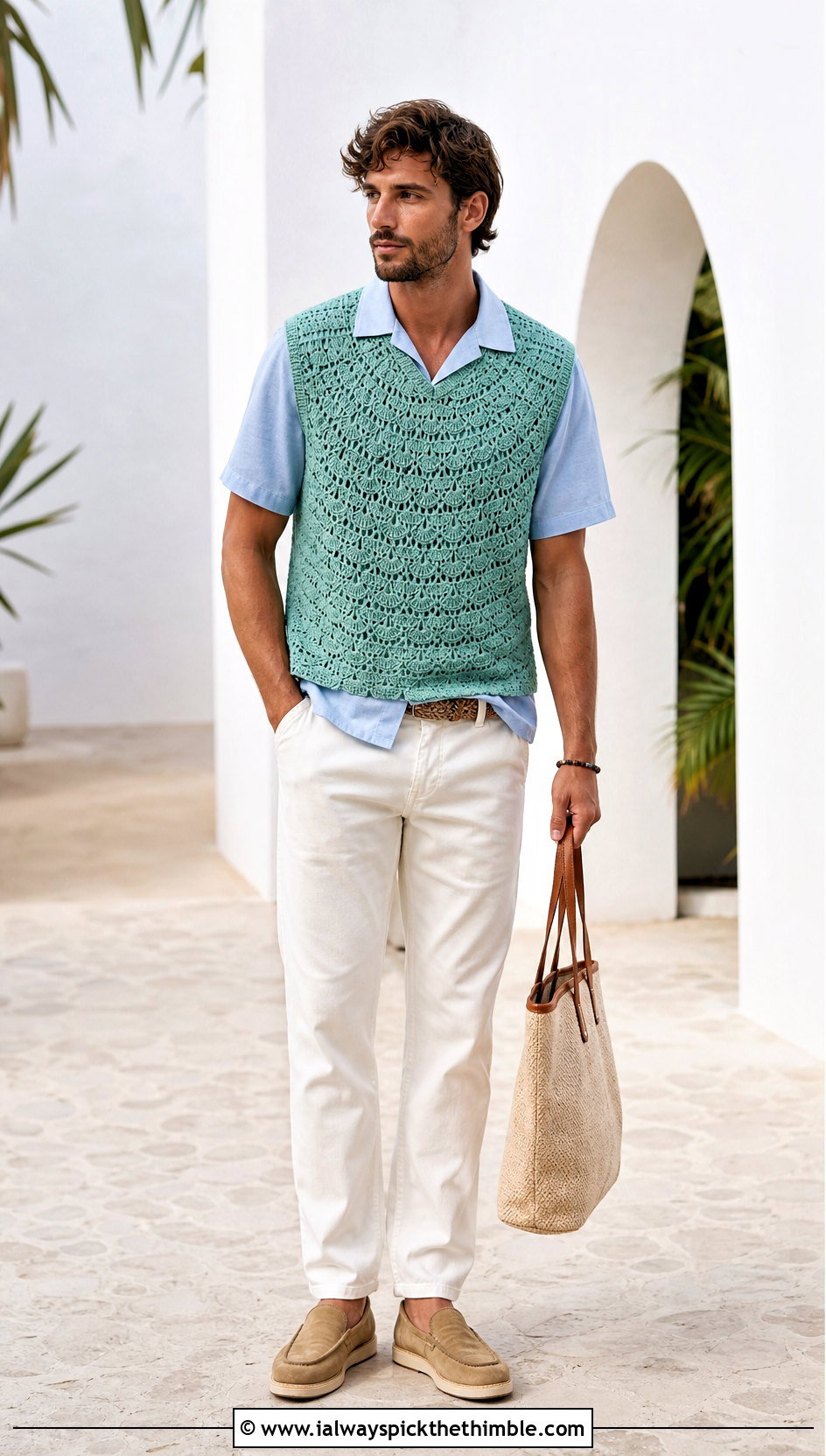Shell Stitch Crochet Vest With White Jeans - 25 crochet vest for men outfit ideas