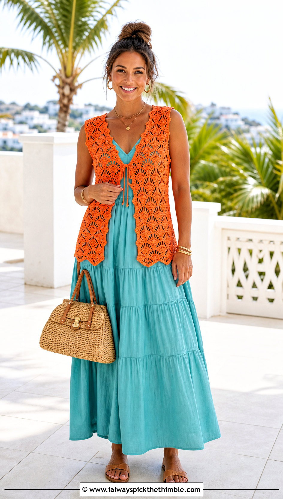 Shell Stitch Crochet Waistcoat With Tiered Maxi Dress - 25 crochet waistcoat outfit ideas