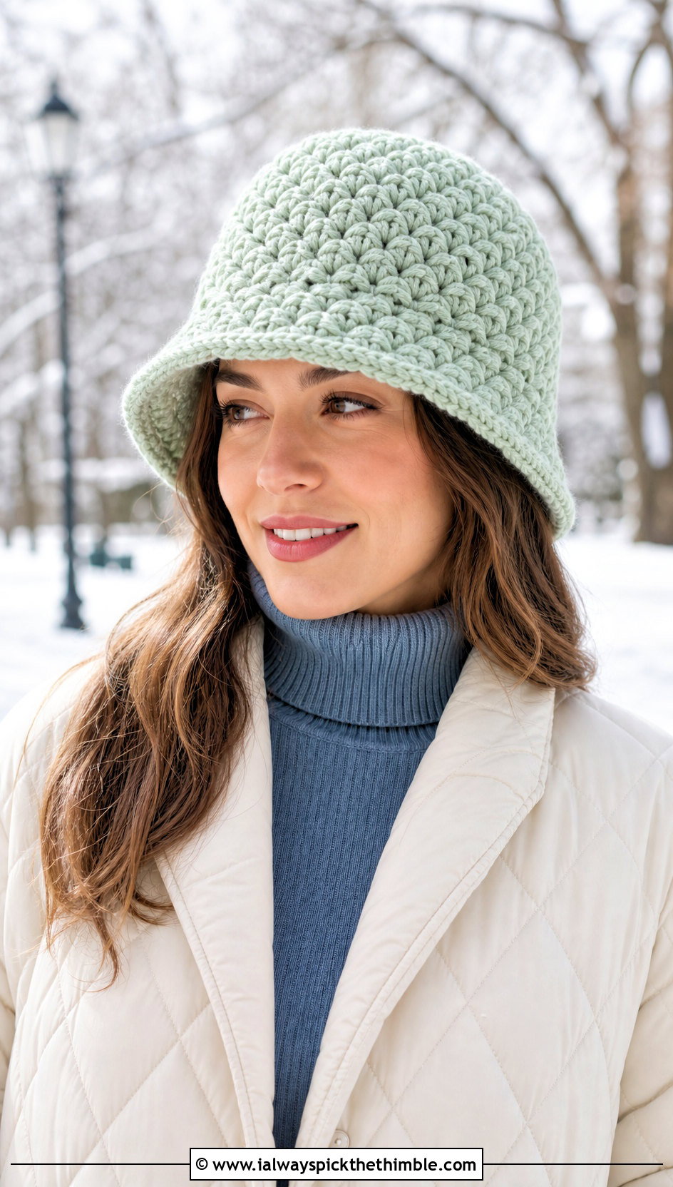 Shell Stitch Crochet Winter Bucket Hat With Quilted Coat - 25 crochet winter bucket hat outfit ideas