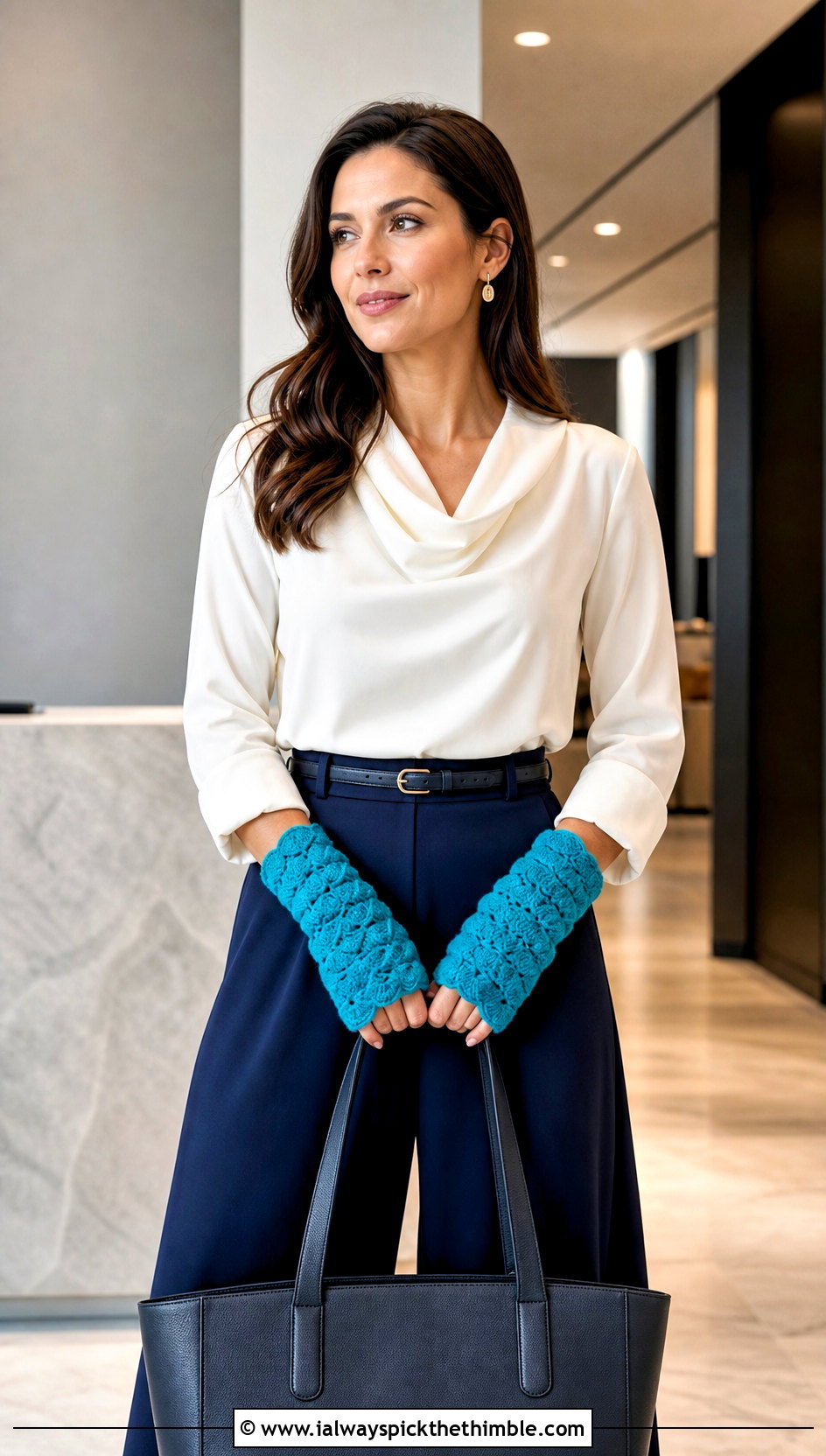 Shell Stitch Crochet Wrist Warmers With Blouse And Culottes - 25 crochet hand warmer outfit ideas
