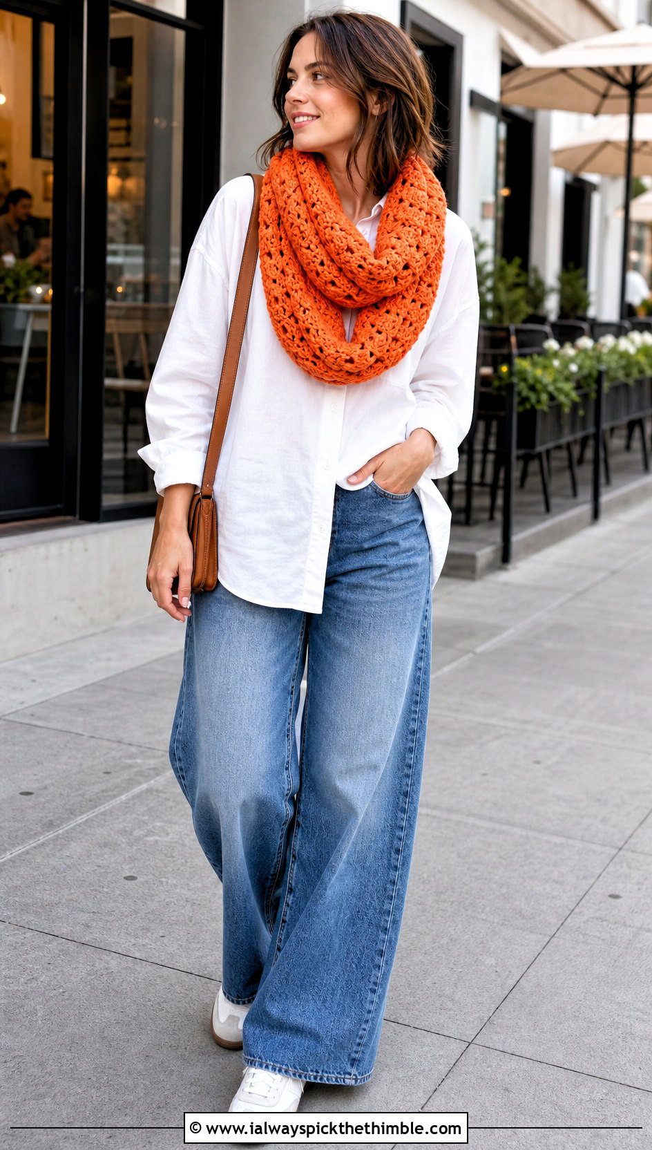 Shell Stitch Crocheted Infinity Scarf With White Shirt And Jeans - 20 Crocheted Infinity Scarf outfit ideas