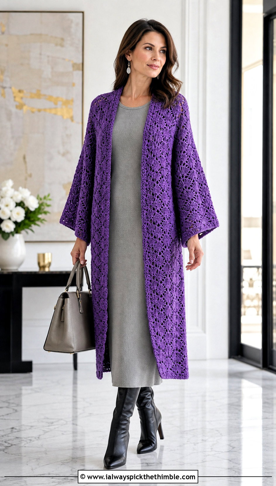 Shell Stitch Crocheted Kimono With Knit Column Dress - 20 Crocheted Kimono outfit ideas