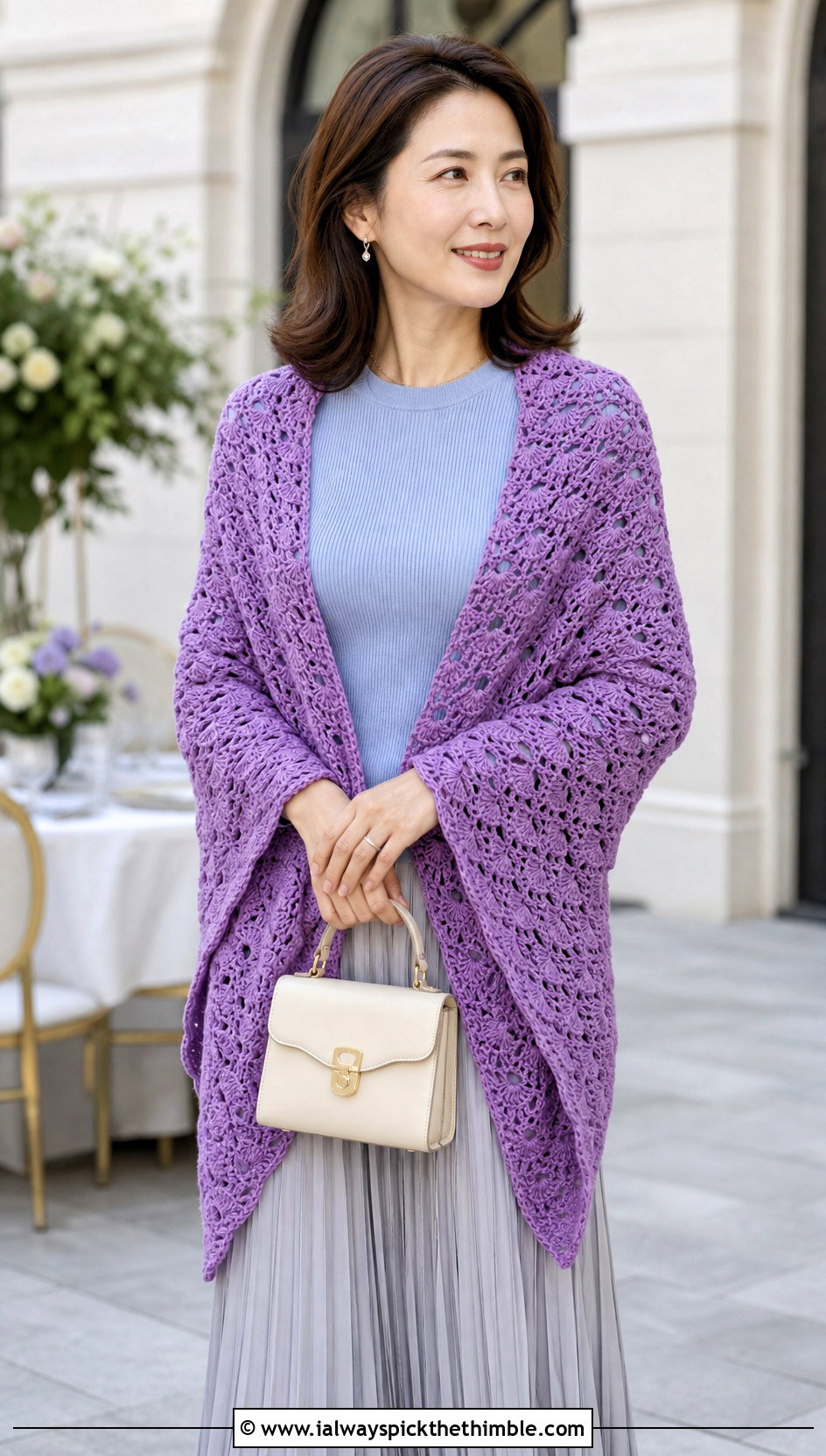 Shell Stitch Crocheted Shawl With Pleated Skirt - 20 Crocheted Shawl outfit ideas