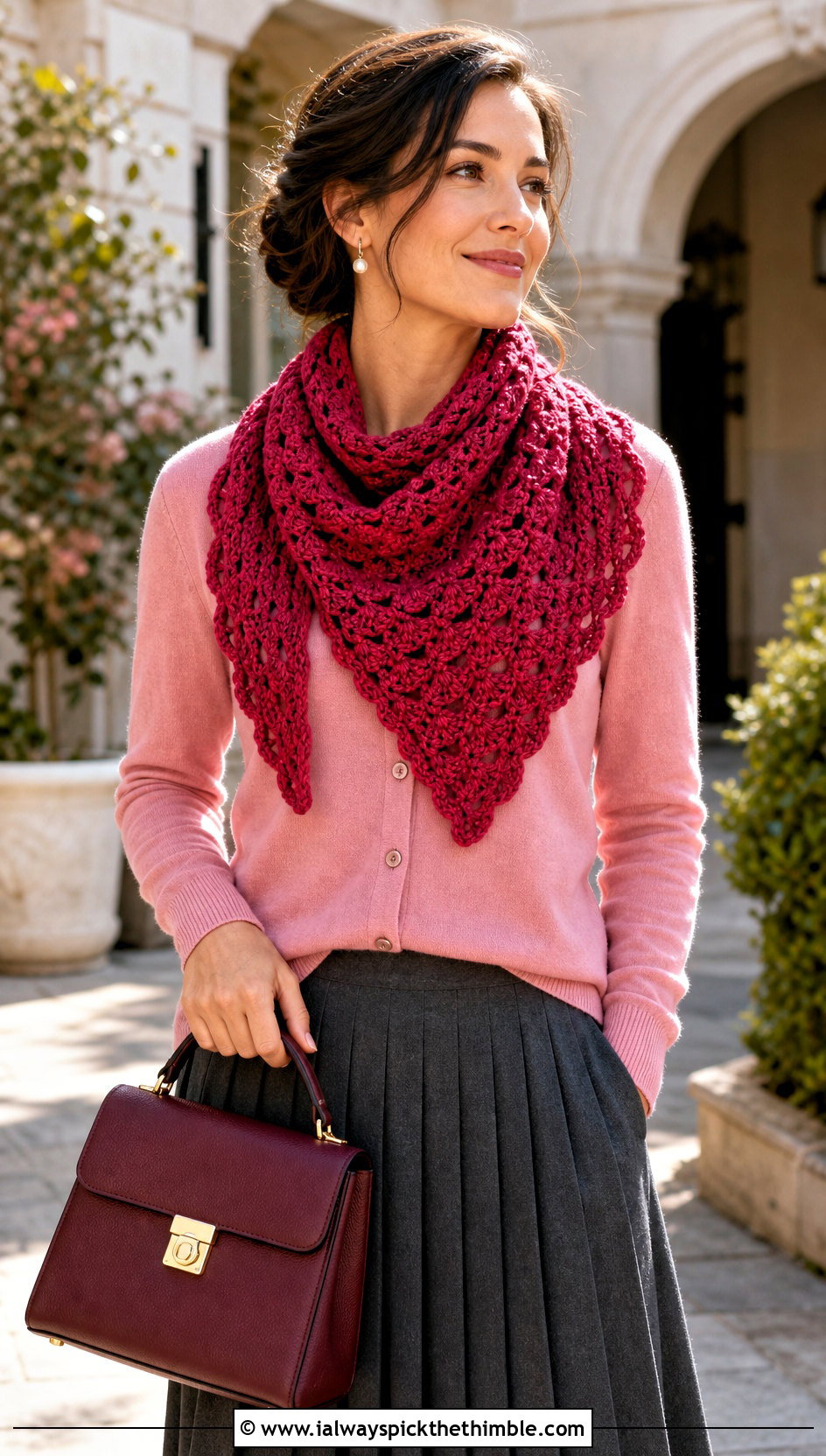 Shell Stitch Crocheted Triangle Scarf With Cardigan And Midi Skirt - 20 Crocheted Triangle Scarf outfit ideas