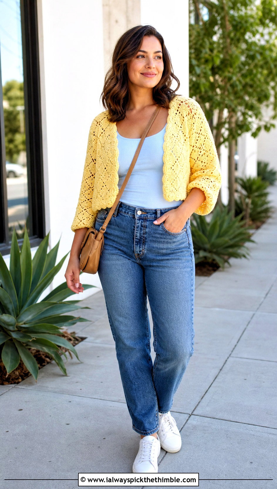 Shell Stitch Cropped Crochet Cardigan With Straight Leg Jeans - 20 Lacy Crochet Cardigan outfit ideas