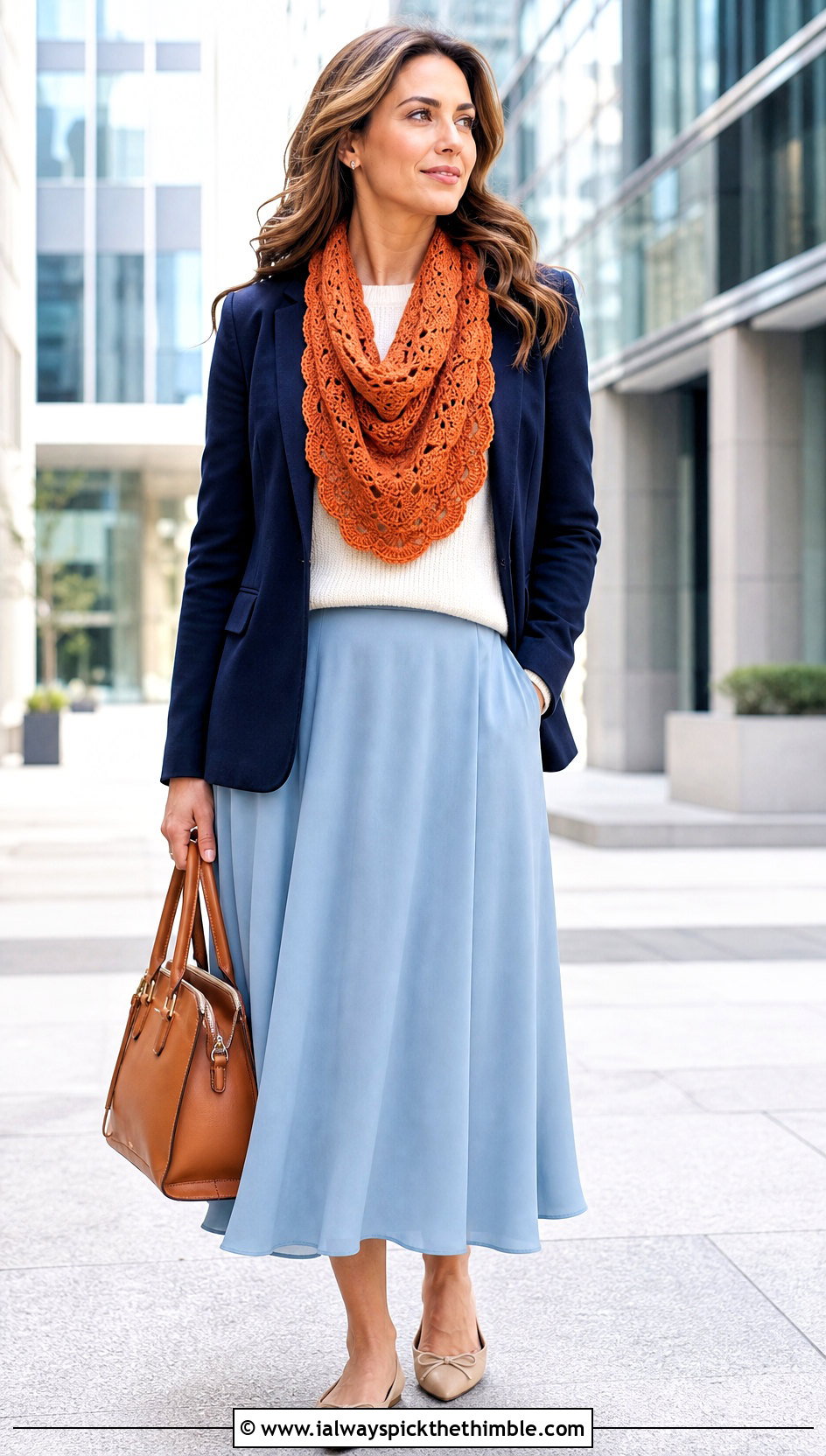 Shell Stitch Crossbody Crochet Cowl With Blazer And Midi Skirt - 15 Crossbody Crochet Cowl outfit ideas