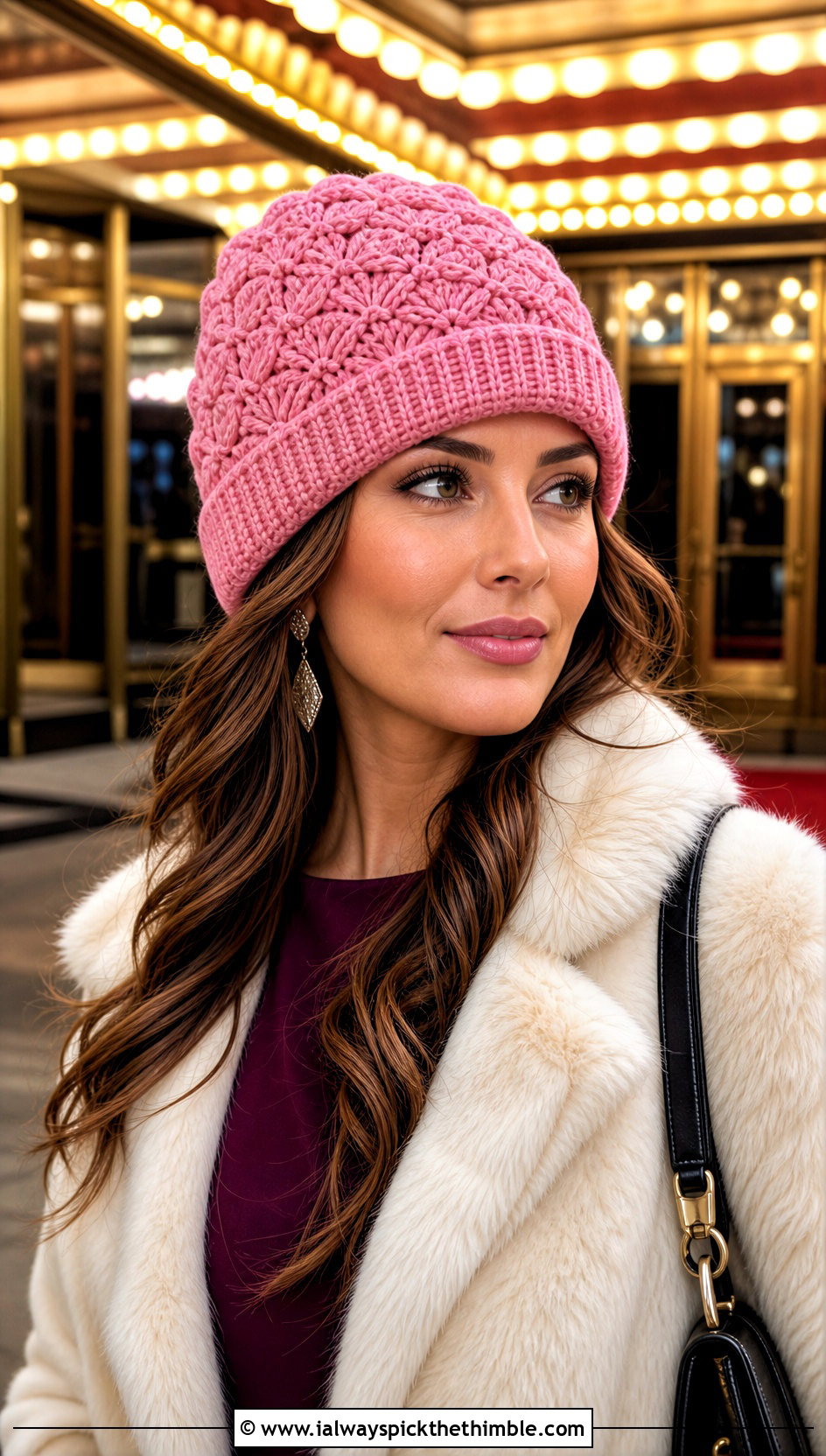 Shell Stitch Cuffed Crochet Beanie With Faux Fur Coat And Mini Dress - 15 Cuffed Crochet Beanie outfit ideas