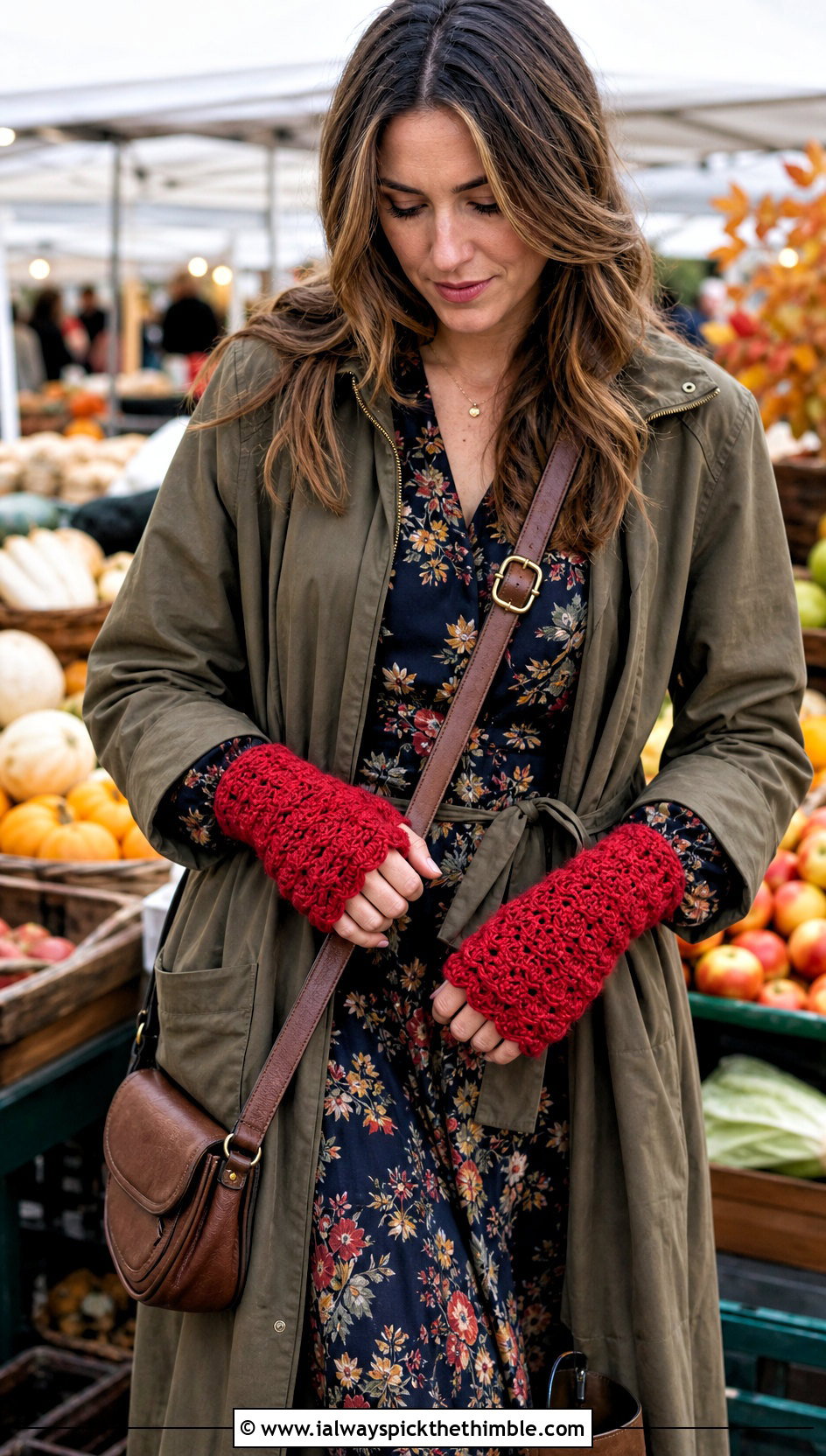 Shell Stitch DK Yarn Crochet Fingerless Gloves With Floral Midi Dress - 20 dk yarn crochet fingerless gloves outfit ideas