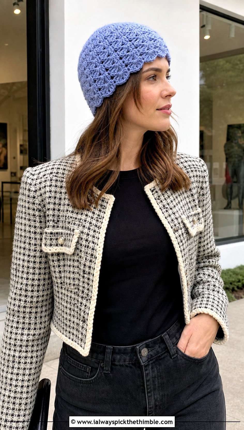 Shell Stitch Double Crochet Beanie With Tweed Jacket And Straight Jeans - 25 double crochet beanie outfit ideas