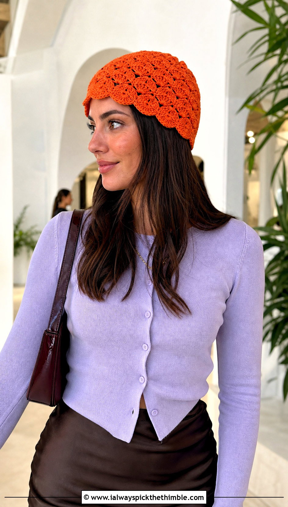 Shell Stitch Double Crochet Hat With Satin Skirt And Cardigan - 20 double crochet hat outfit ideas