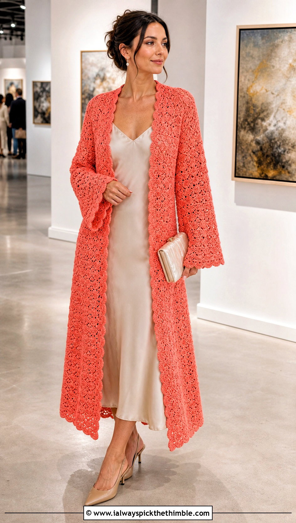 Shell Stitch Duster Blanket Crochet Cardigan With Slip Dress - 20 blanket crochet cardigan outfit ideas