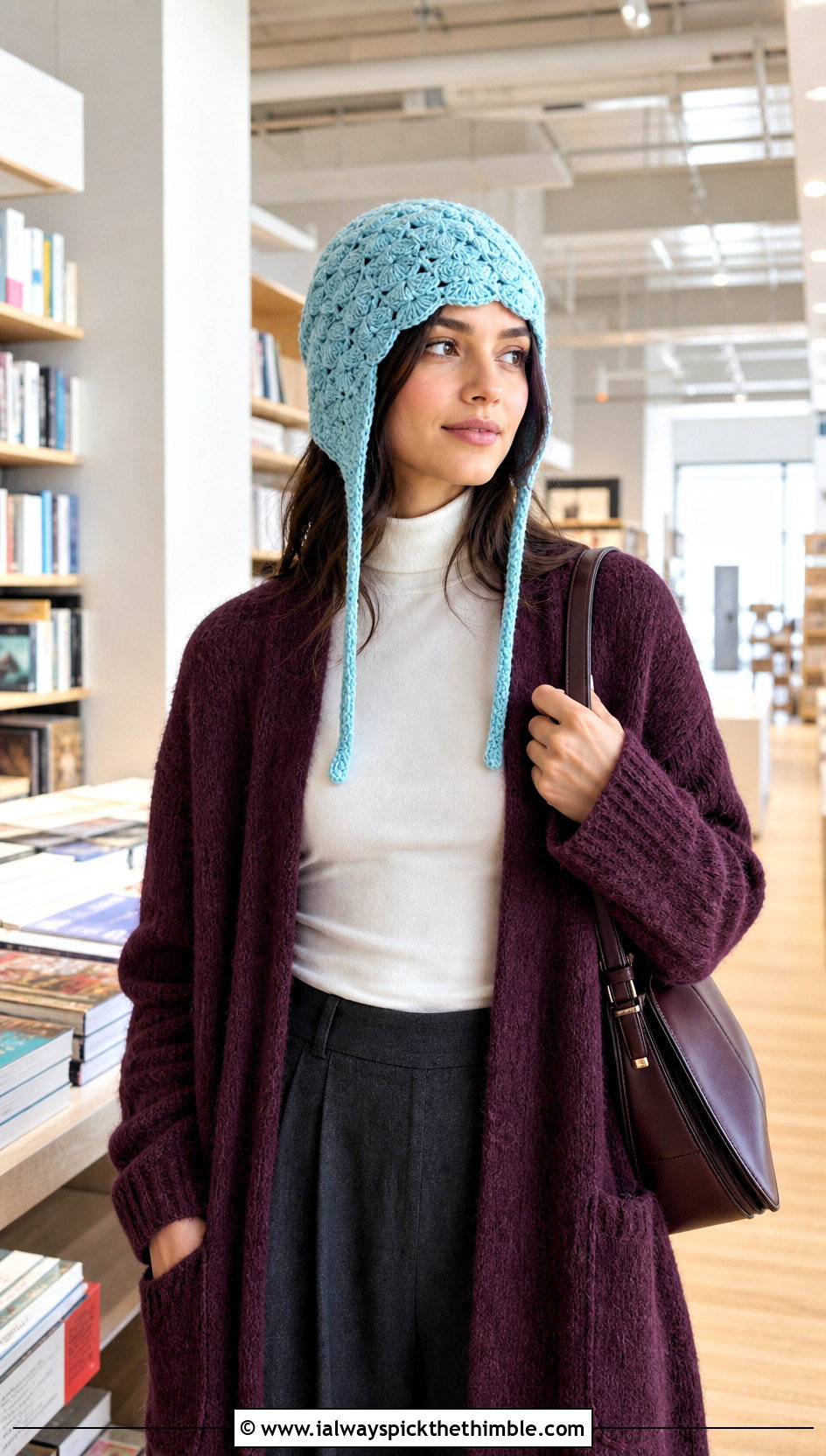 Shell Stitch Earflap Crochet Beanie With Long Cardigan - 20 Earflap Crochet Beanie outfit ideas