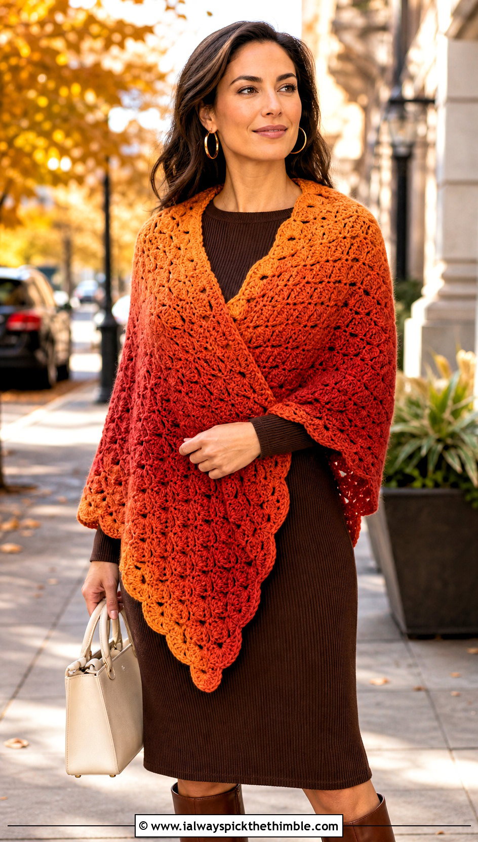 Shell Stitch Fade Shawl With Knit Midi Dress - 15 Crochet Fade Shawl outfit ideas