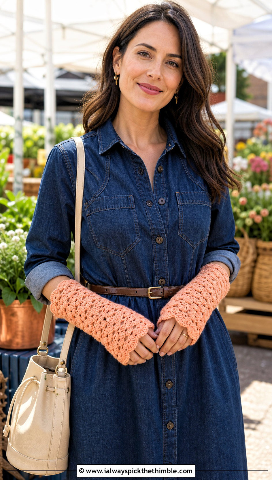Shell Stitch Fingerless Arm Warmers With Denim Dress - 15 Crochet Fingerless Arm Warmers outfit ideas