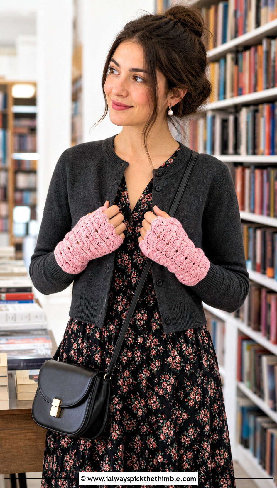 Shell Stitch Fingerless Crochet Gloves With Floral Dress - 20 fingerless crochet gloves outfit ideas