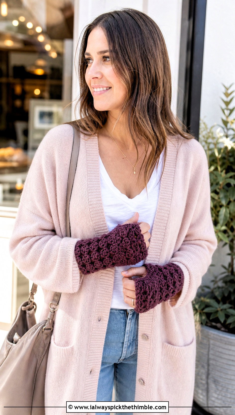 Shell Stitch Fingerless Gloves With Cardigan And Jeans - 20 crochet glove outfit ideas