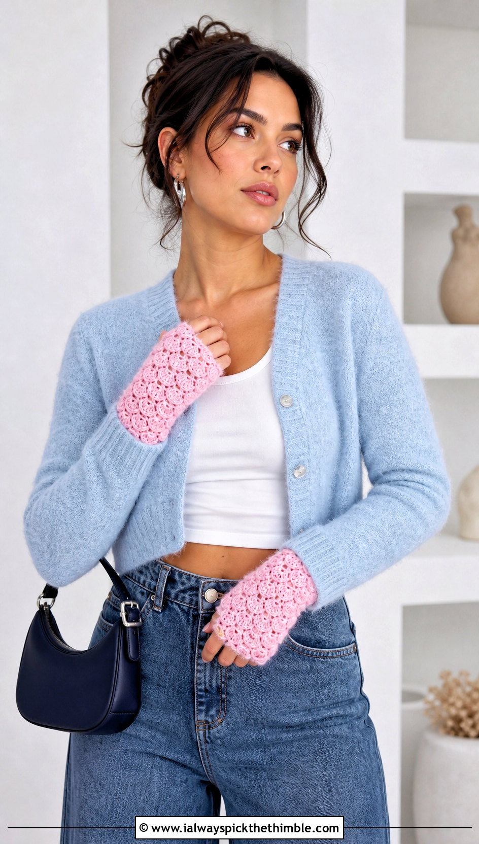 Shell Stitch Fingerless Gloves With Cardigan And Wide Leg Jeans - 15 Crochet Tipless Gloves outfit ideas