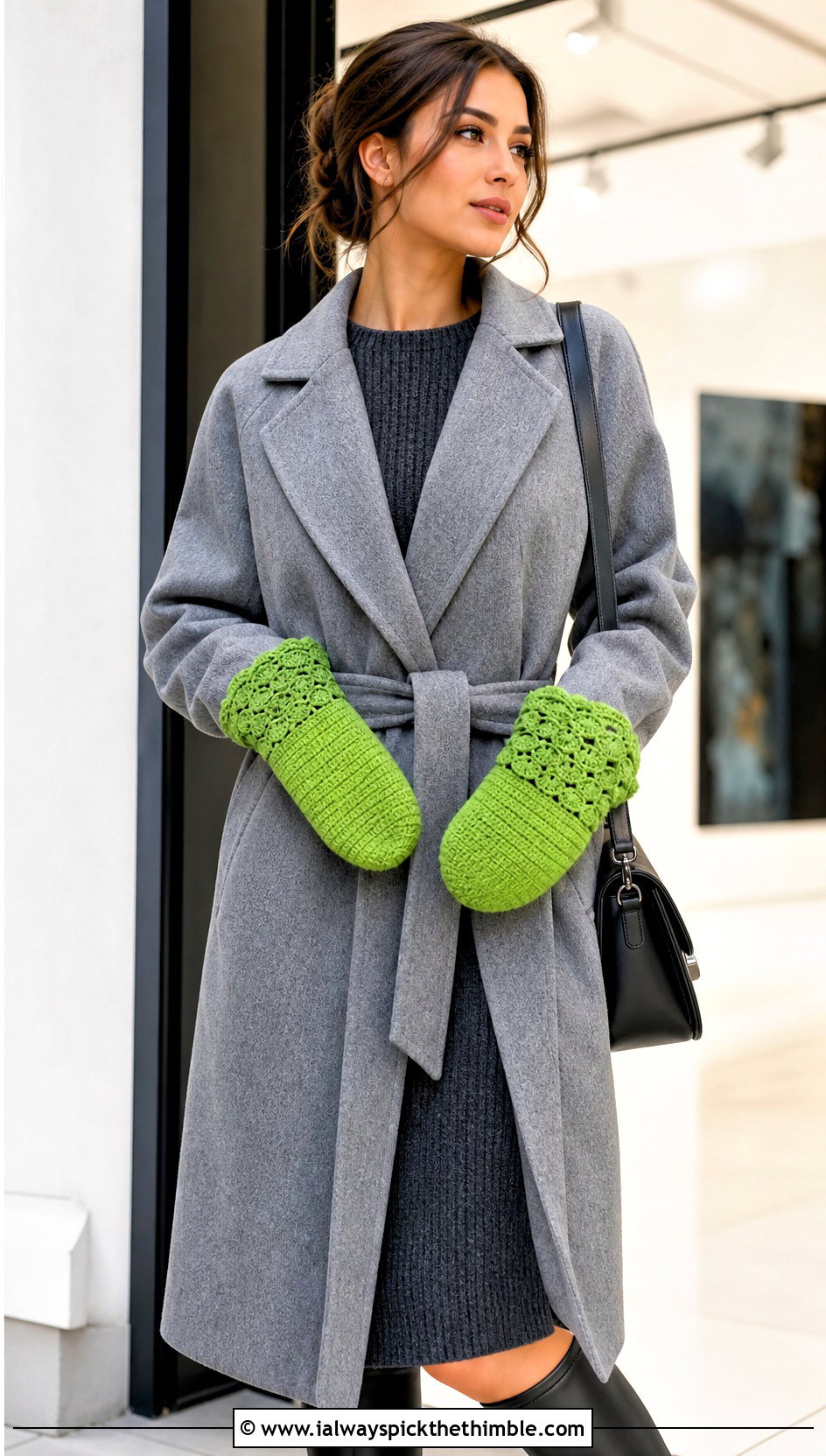 Shell Stitch Flap Crochet Gloves With Knit Dress - 20 crochet fingerless gloves with flap outfit ideas