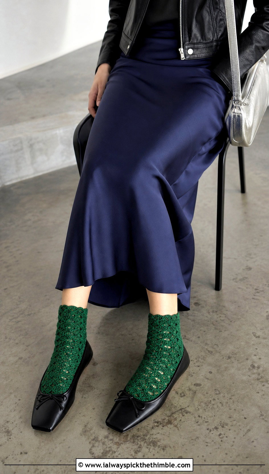 Shell Stitch Flat Crochet Socks With a Satin Midi Skirt - 20 flat crochet sock outfit ideas