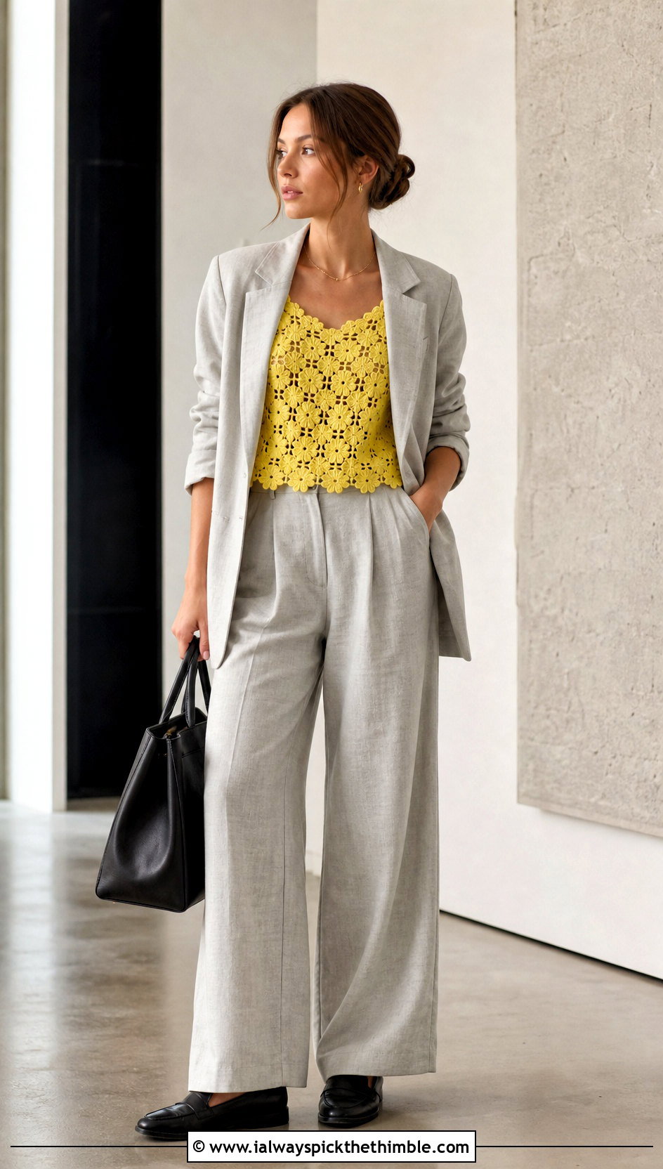Shell Stitch Flower Tank Top With A Linen Suit - 25 crochet flower tank top outfit ideas