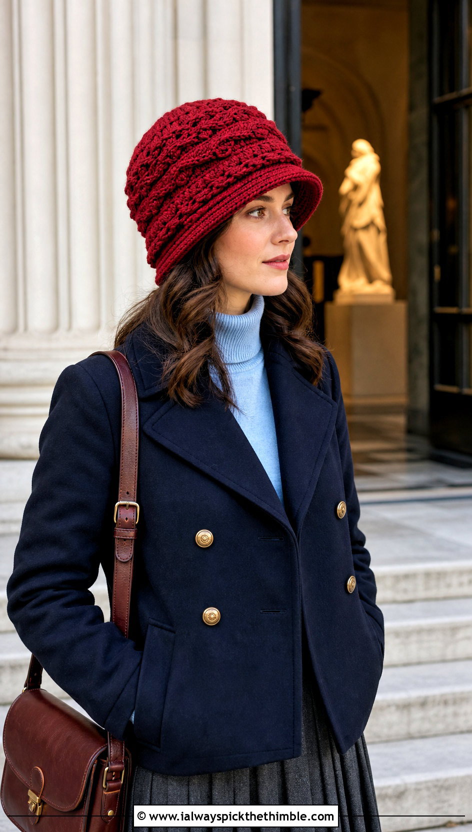 Shell Stitch Gatsby Crochet Cloche Hat With Peacoat And Pleated Skirt - 15 Gatsby Crochet Hat outfit ideas