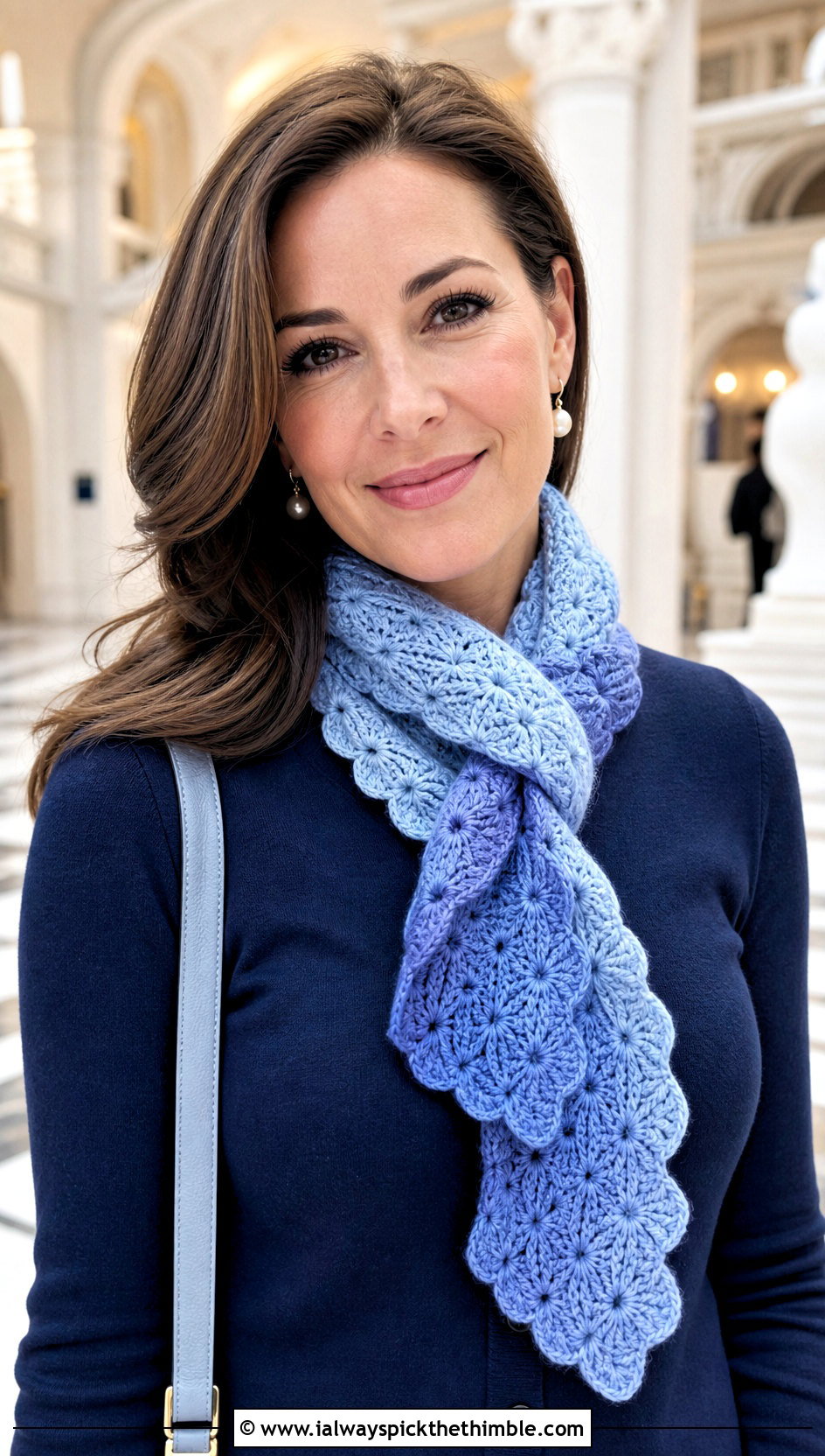 Shell Stitch Gradient Crochet Scarf With Pleated Skirt - 20 gradient crochet scarf outfit ideas