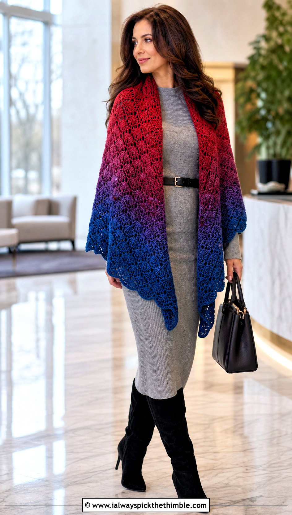 Shell Stitch Gradient Shawl With Knit Dress - 15 Crochet Gradient Shawl outfit ideas