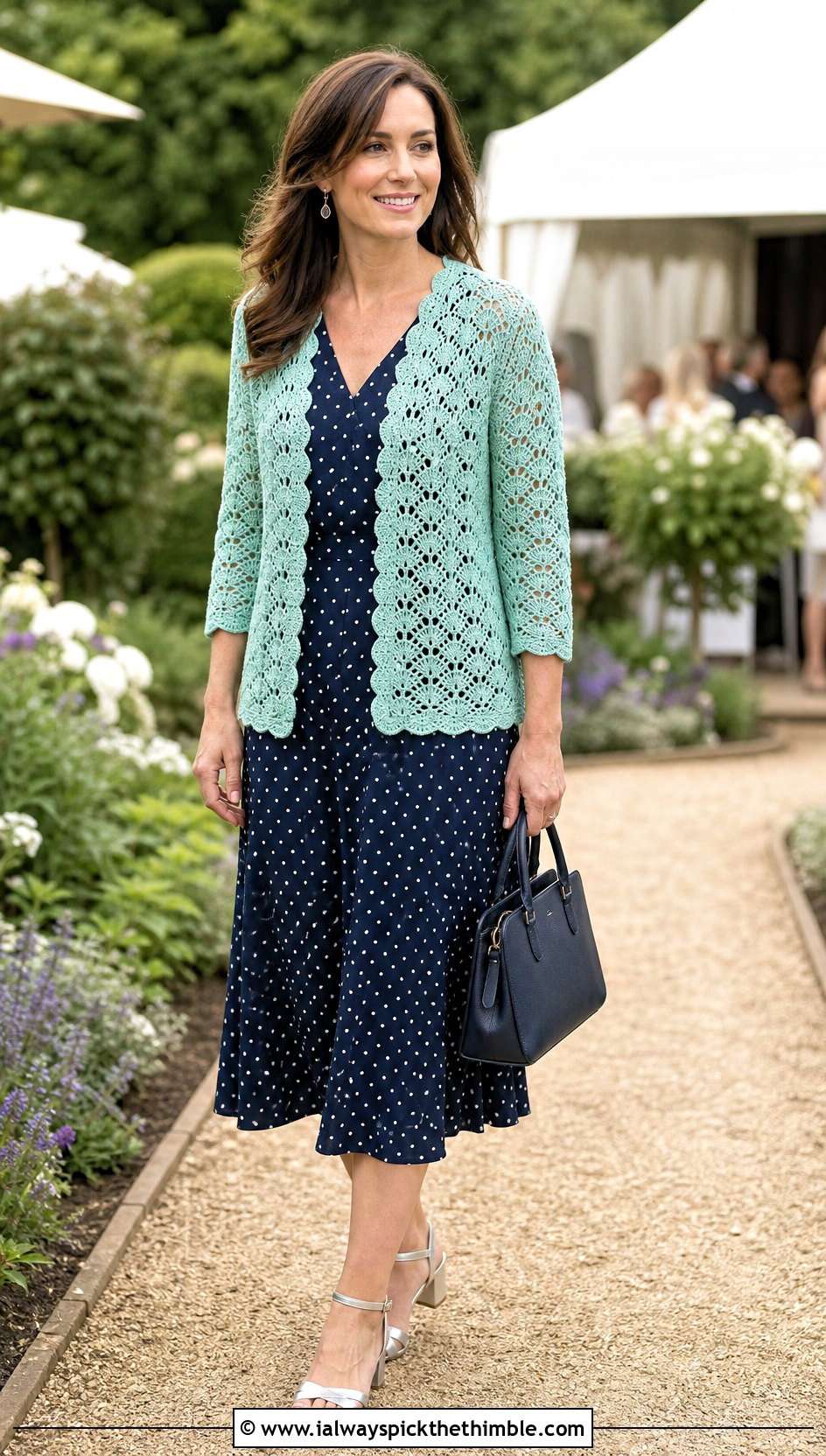 Shell Stitch Green Crochet Cardigan With a Tea Dress - 25 green crochet cardigan outfit ideas