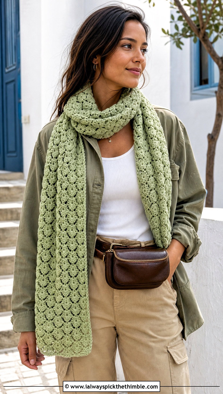 Shell Stitch Green Crochet Scarf With Utility Jacket And Cargo Pants - 15 Lacy Green Crochet Scarf outfit ideas