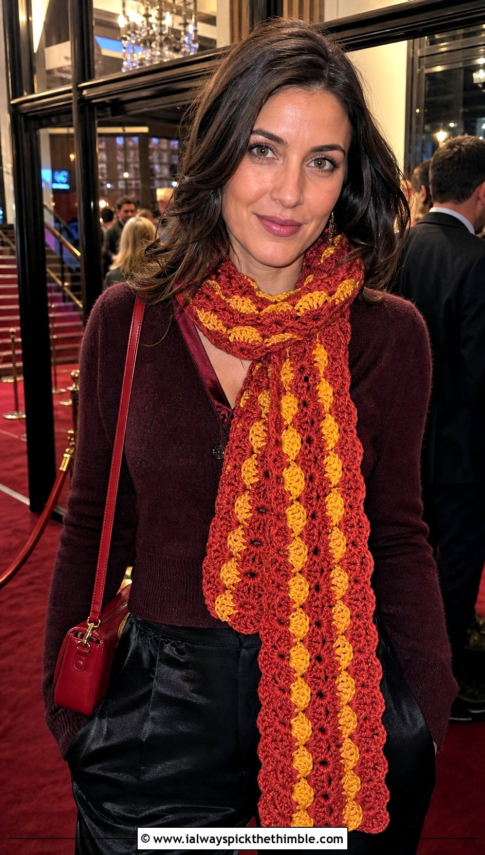 Shell Stitch Gryffindor Crochet Scarf With Satin Trousers - 20 gryffindor crochet scarf outfit ideas