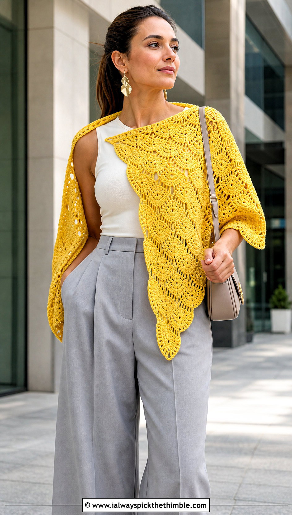 Shell Stitch Half Circle Crochet Shawl With Wide Leg Trousers - 15 Half Circle Crochet Shawl outfit ideas