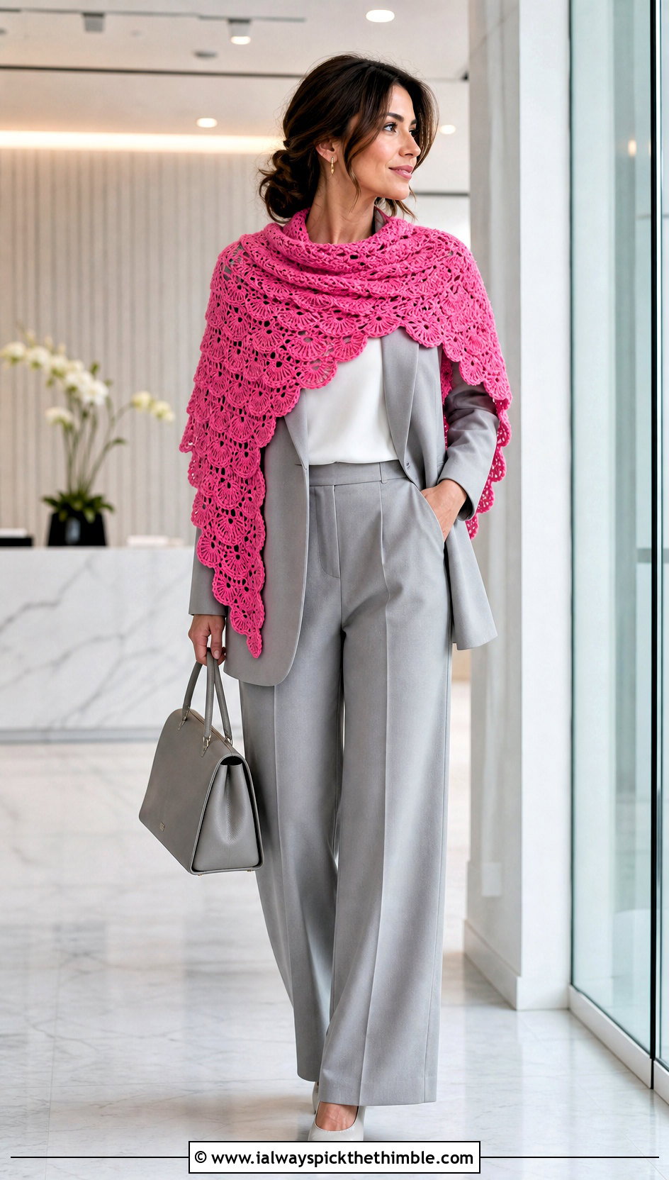 Shell Stitch Half Moon Crochet Shawl With Tailored Suit - 20 Half Moon Crochet Shawl outfit ideas