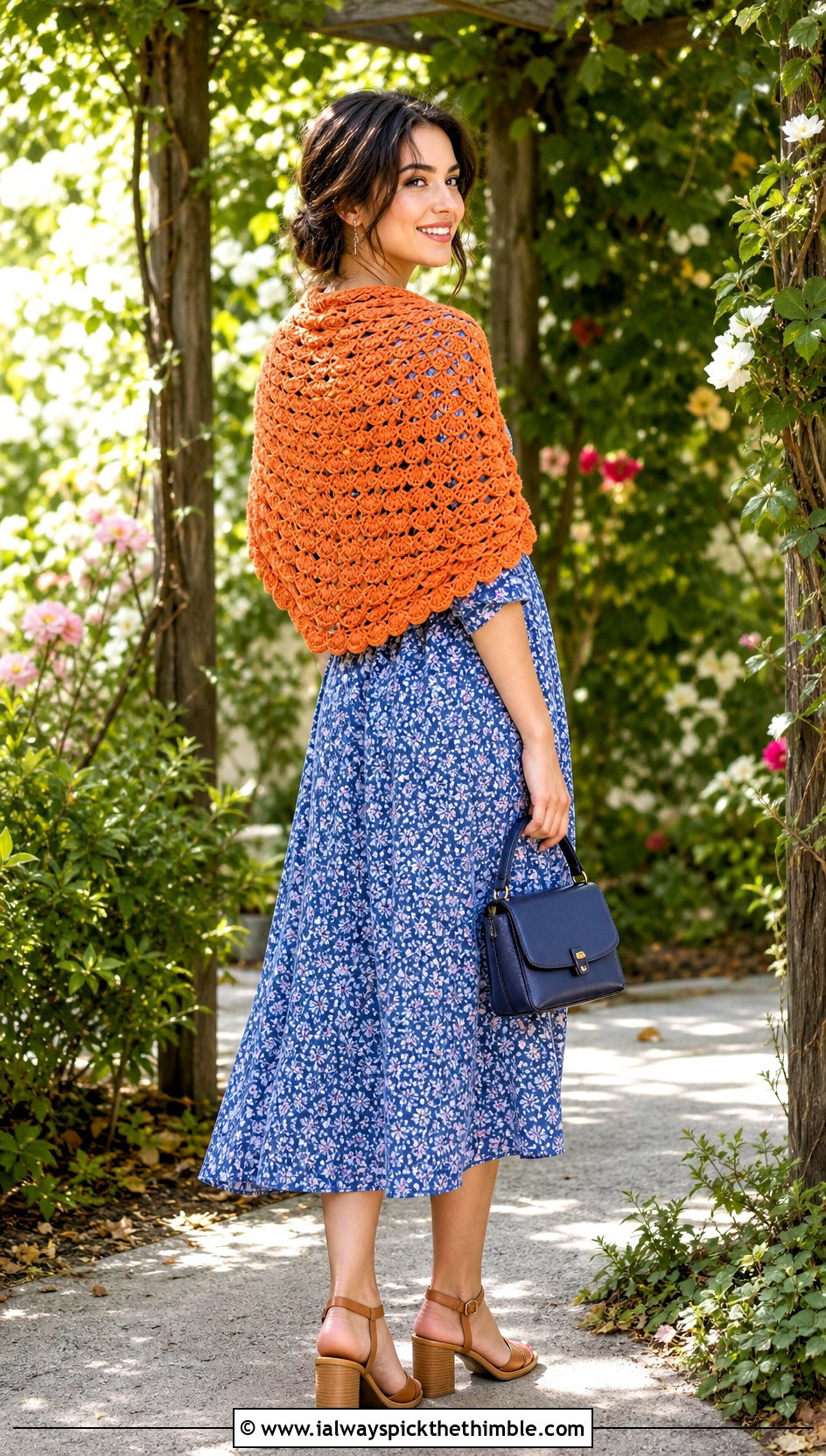Shell Stitch Half Moon Shawl With Floral Midi Dress - 15 Crochet Moon Shawl outfit ideas