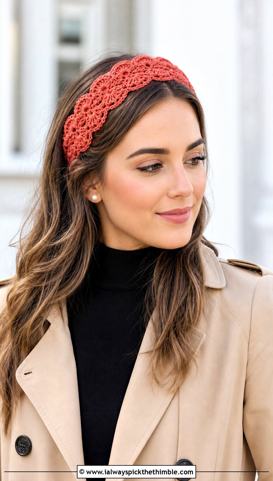 Shell Stitch Headband With Trench Coat - 20 Easy Crocheted Headbands Ear Warmers outfit ideas