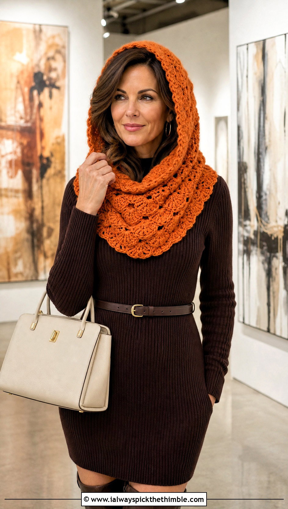 Shell Stitch Hooded Crochet Cowl Snood With Sweater Dress - 20 hooded crochet cowl snood outfit ideas