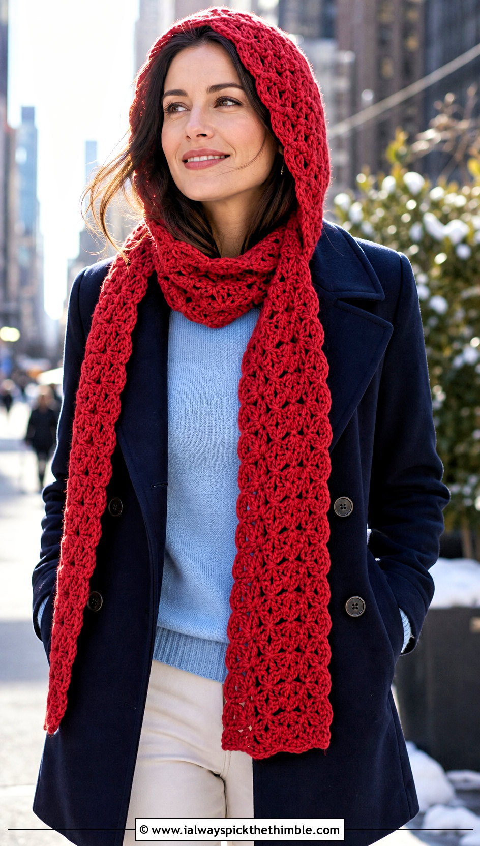 Shell Stitch Hooded Scarf With Peacoat And Cigarette Pants - 25 crochet hooded scarf outfit ideas